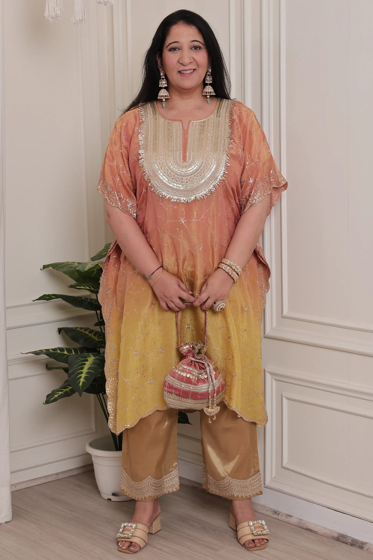 Emb Shaded Tissue Kaftan Yellow