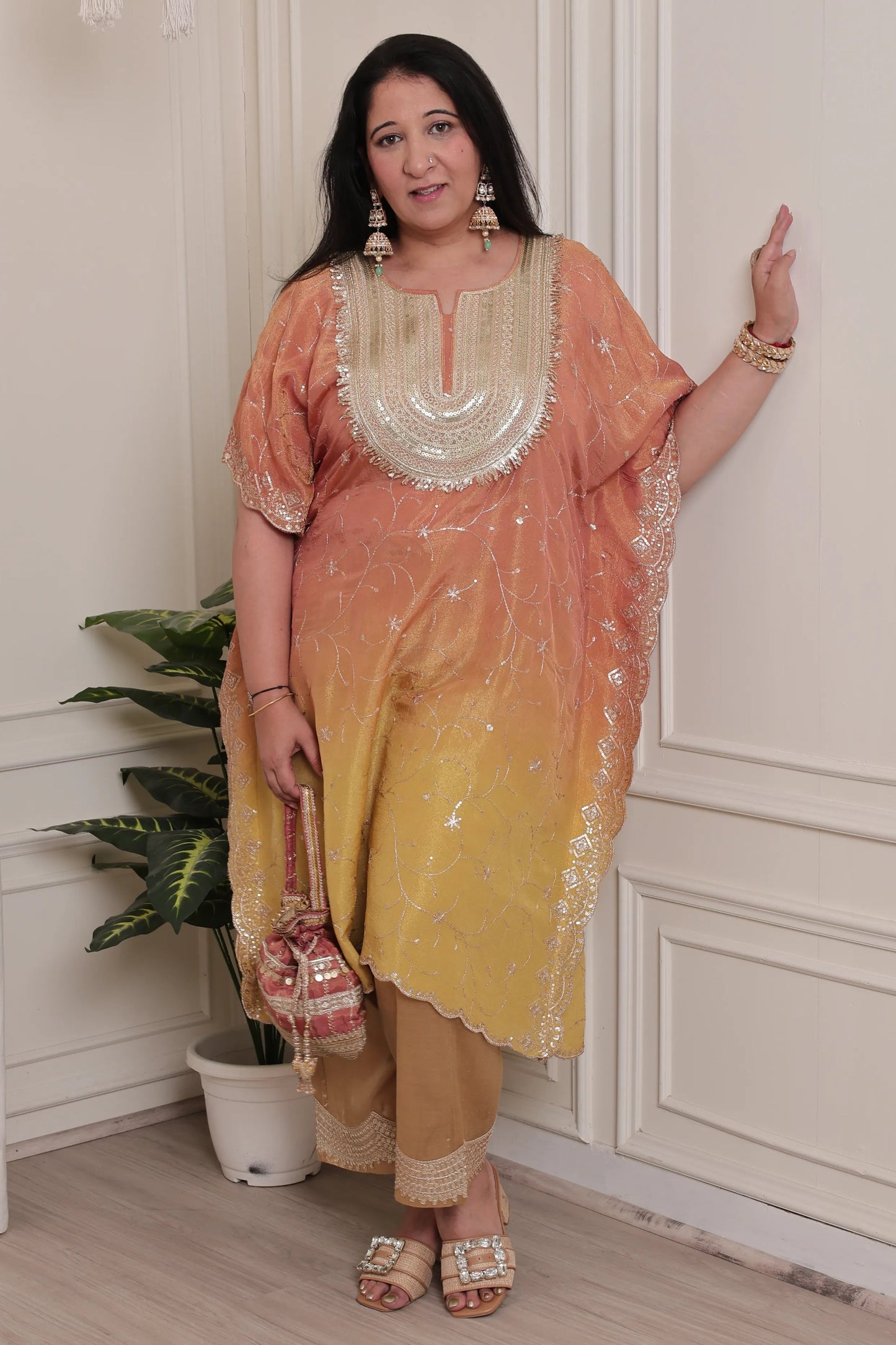 Emb Shaded Tissue Kaftan Yellow