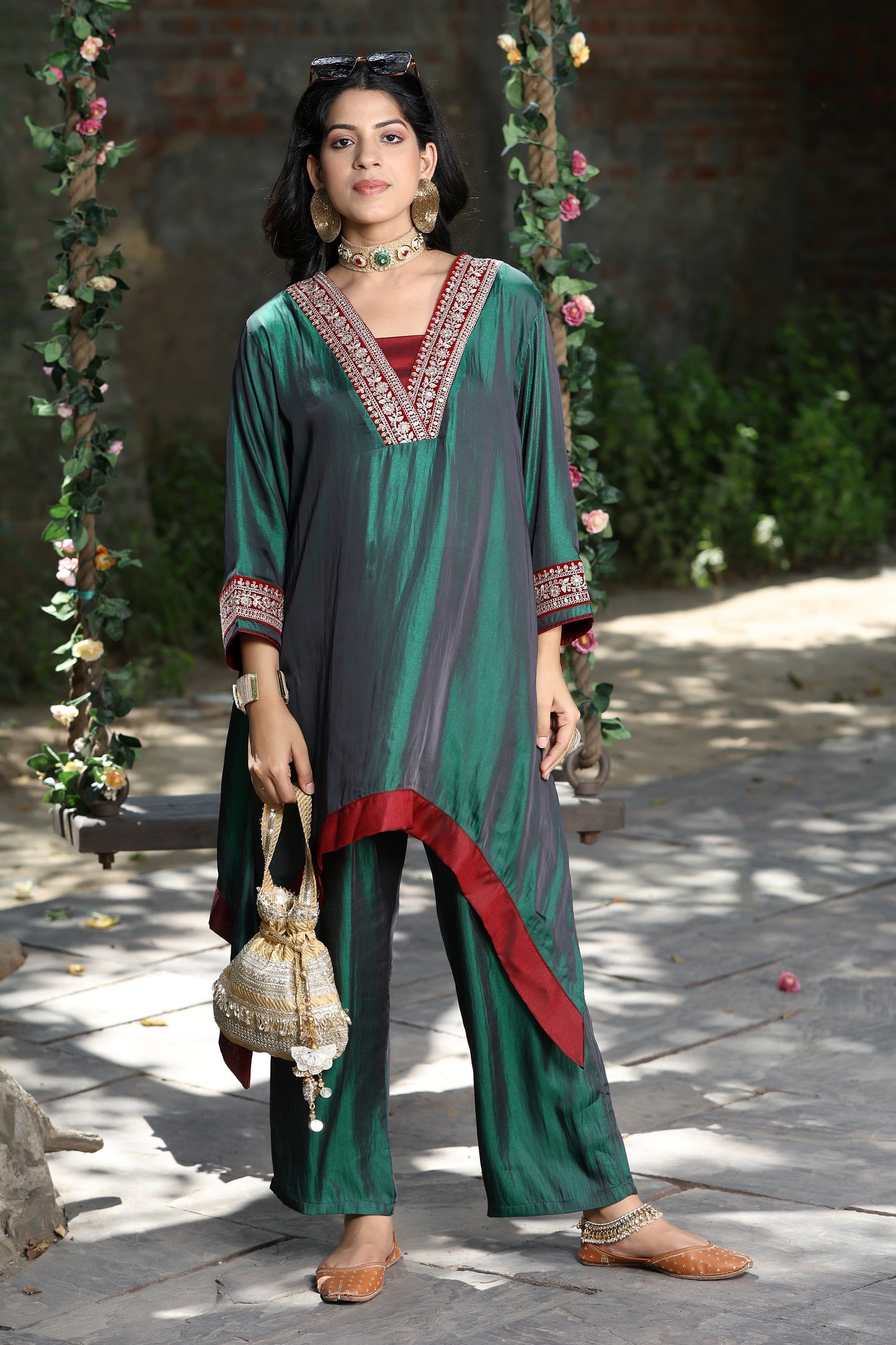 Emb Summer Cool Set Green with Maroon Border