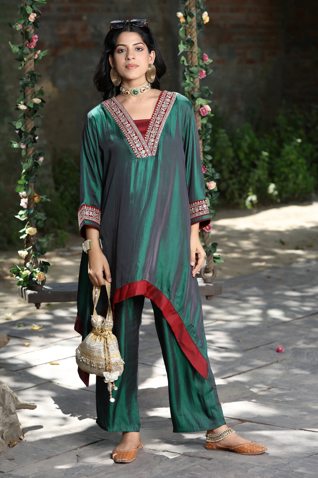 Emb Summer Cool Set Green with Maroon Border
