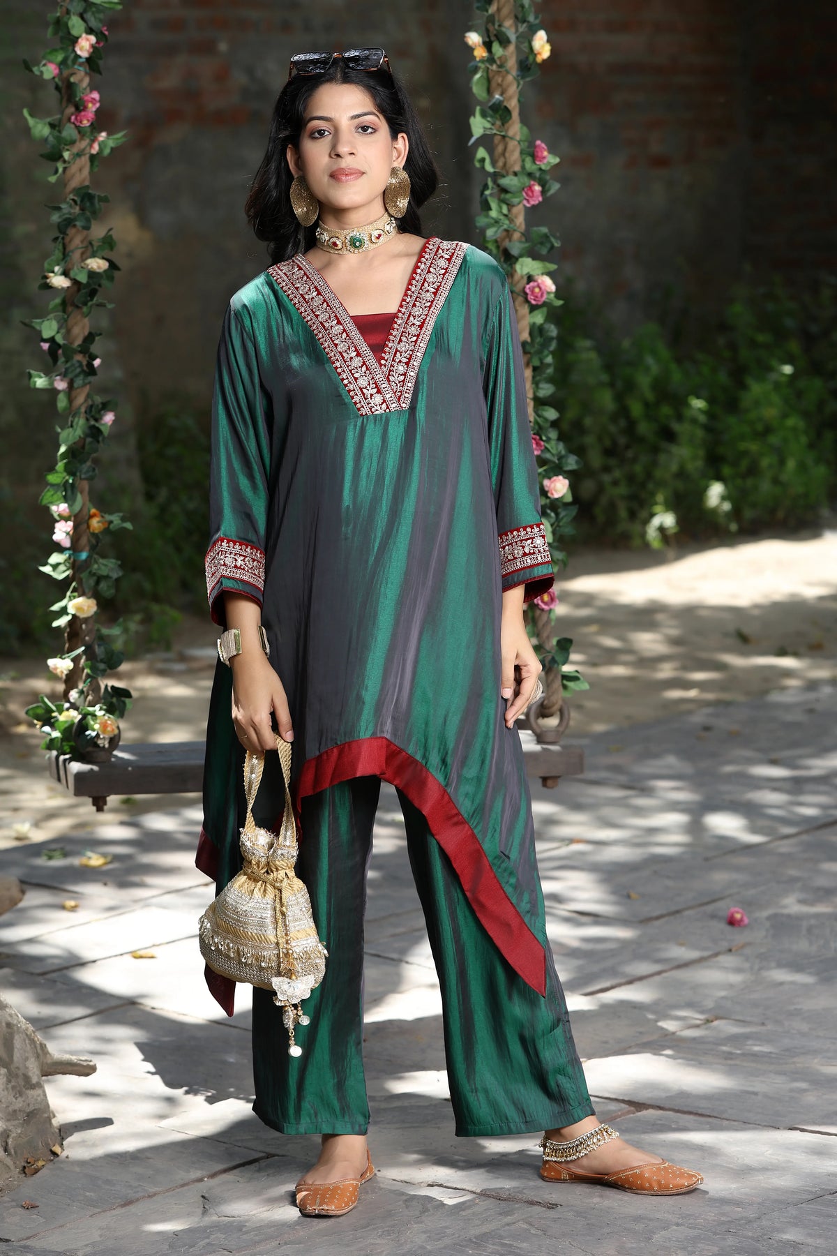 Emb Summer Cool Set Green with Maroon Border