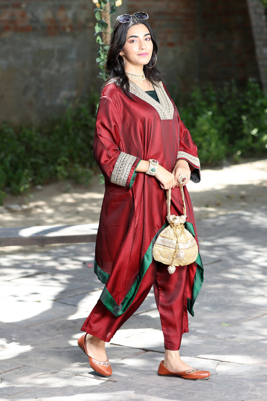 Emb Summer Cool Set Maroon with Green Bprder