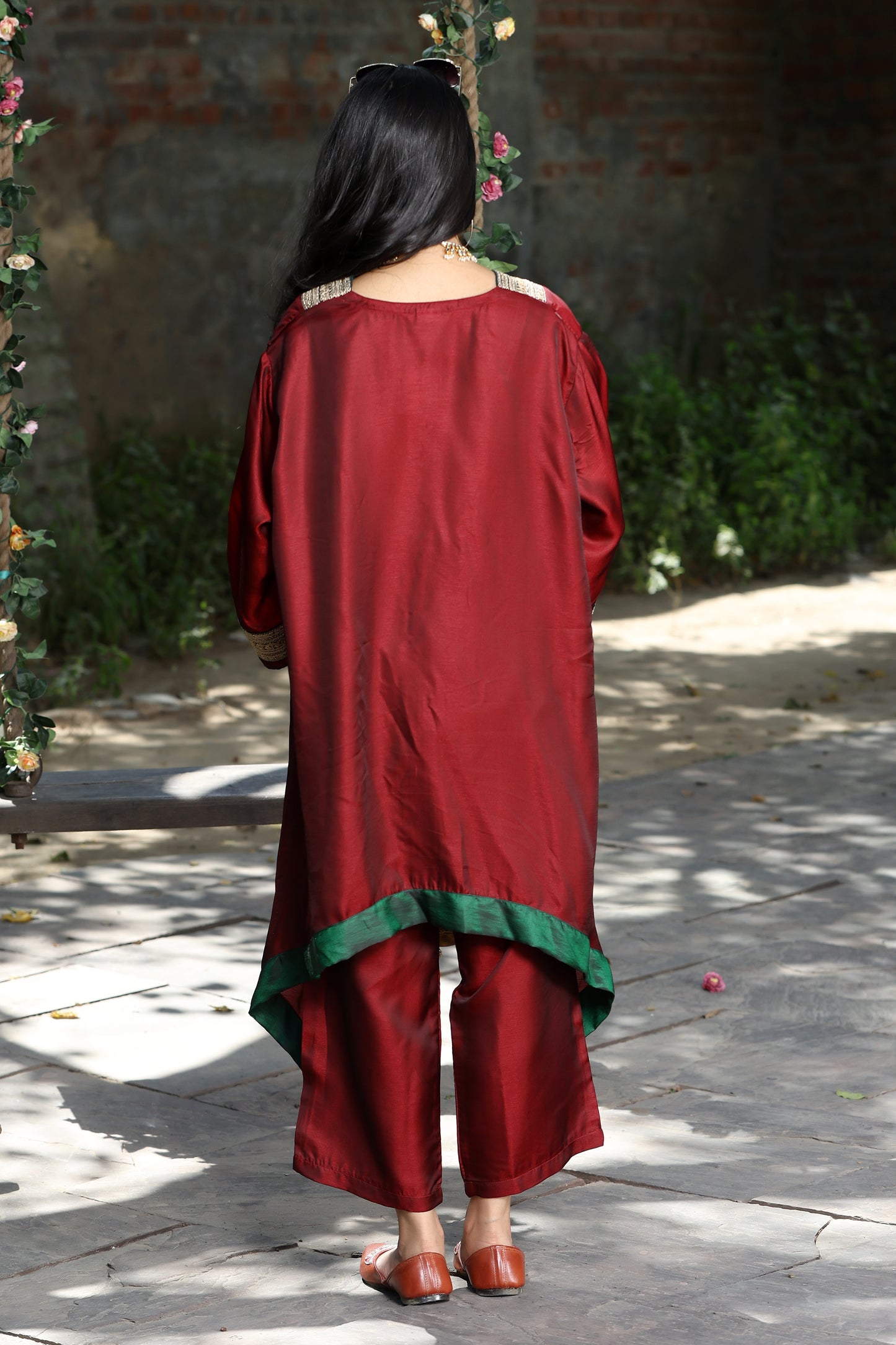 Emb Summer Cool Set Maroon with Green Bprder