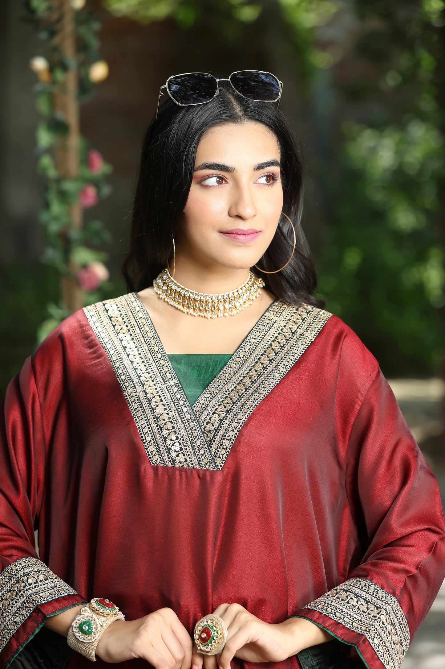 Emb Summer Cool Set Maroon with Green Bprder