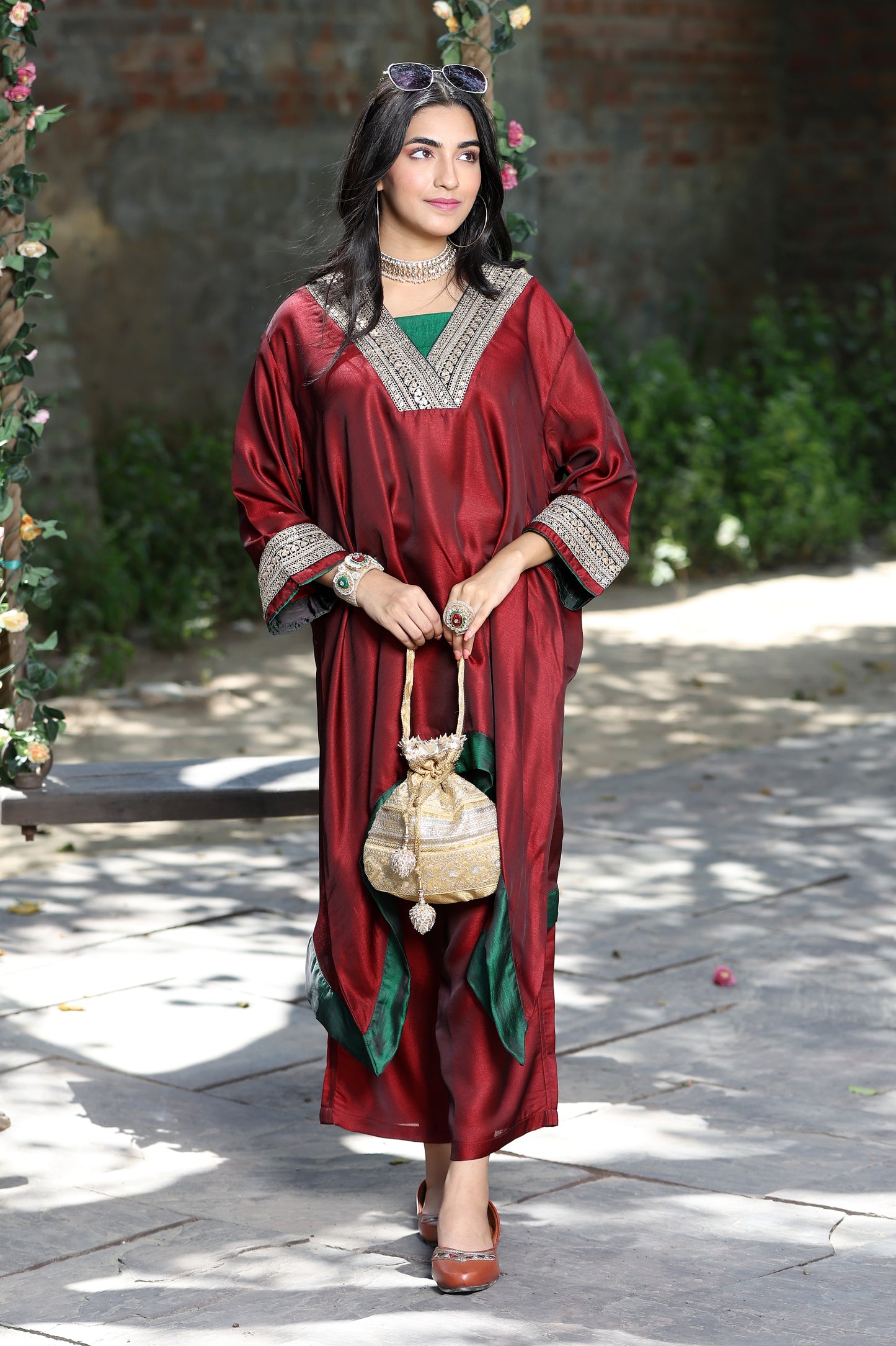 Emb Summer Cool Set Maroon with Green Bprder