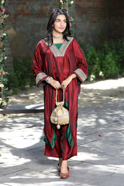 Emb Summer Cool Set Maroon with Green Bprder