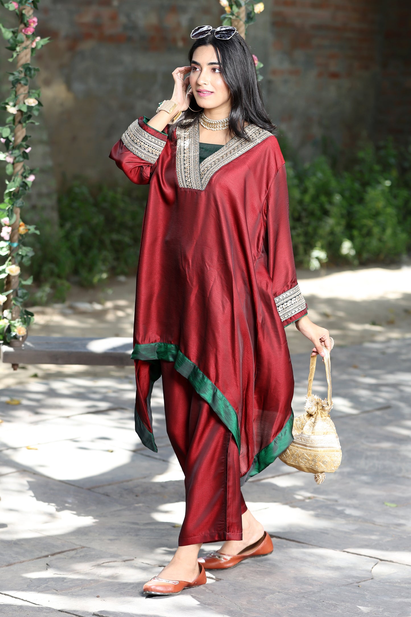 Emb Summer Cool Set Maroon with Green Bprder