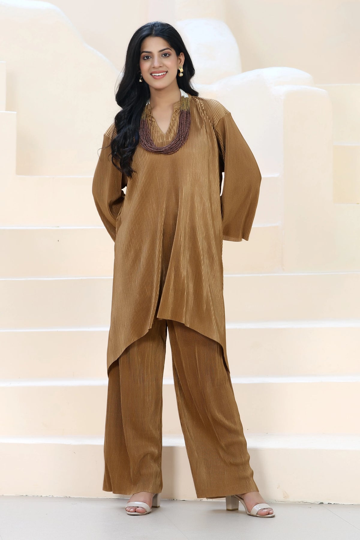Flow Line Co-ord Set Golden Beige