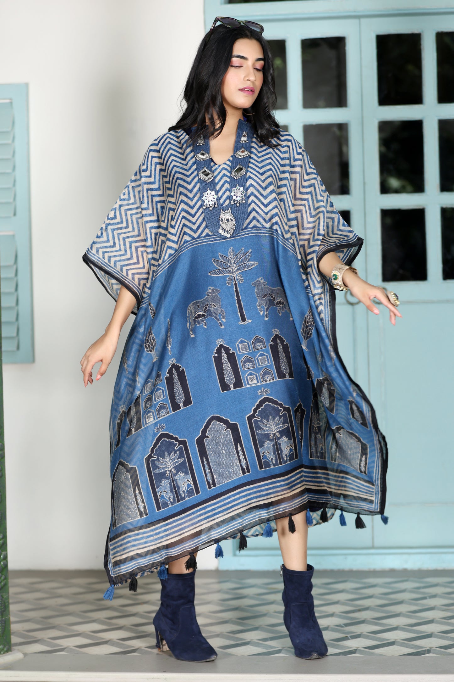 Maheshwari Kaftan Cow Blue