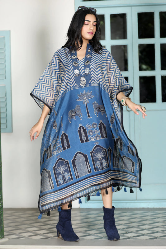 Maheshwari Kaftan Cow Blue