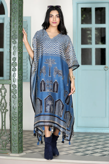 Maheshwari Kaftan Cow Blue
