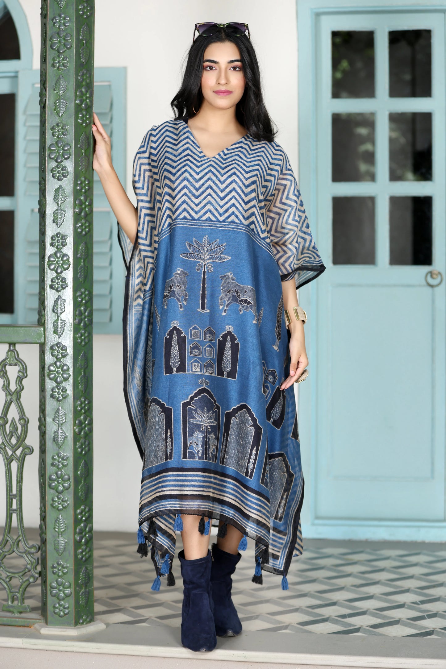 Maheshwari Kaftan Cow Blue