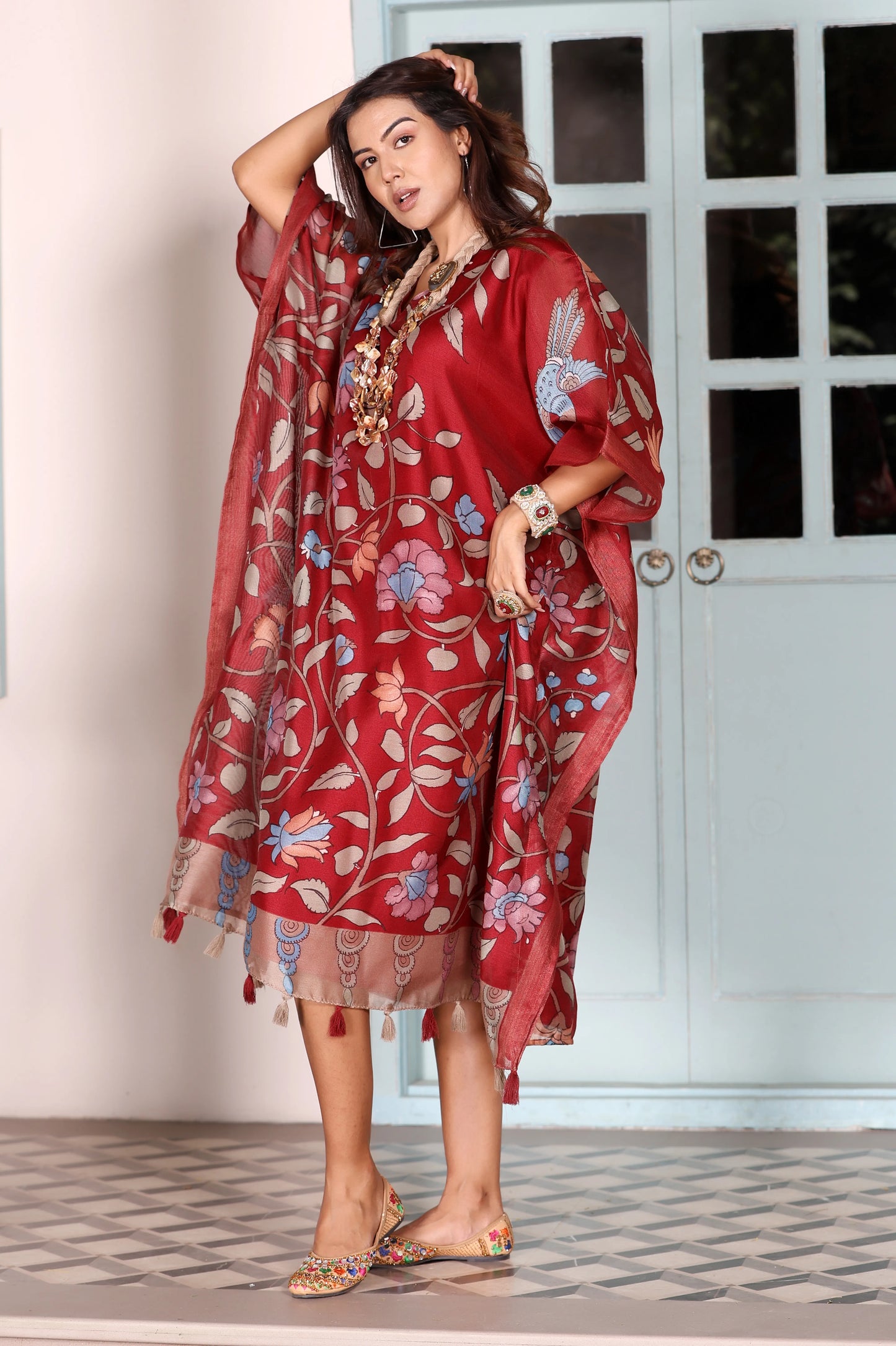 Maheshwari Kaftan Floral Maroon