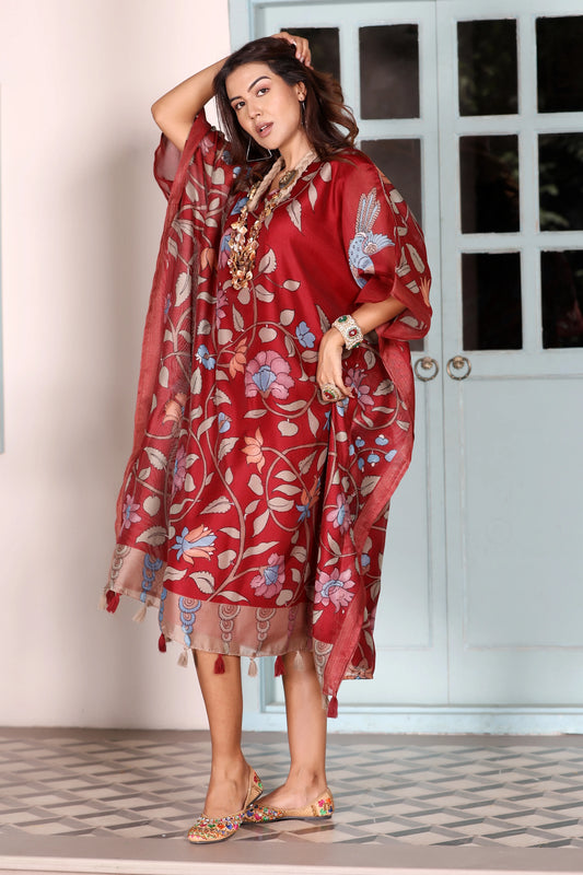 Maheshwari Kaftan Floral Maroon