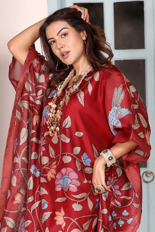 Maheshwari Kaftan Floral Maroon