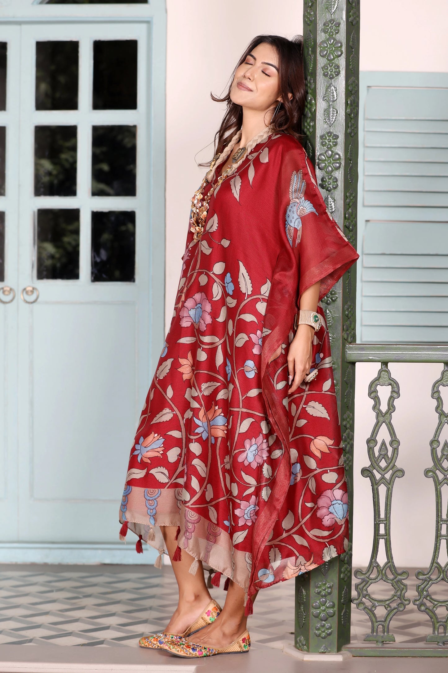 Maheshwari Kaftan Floral Maroon