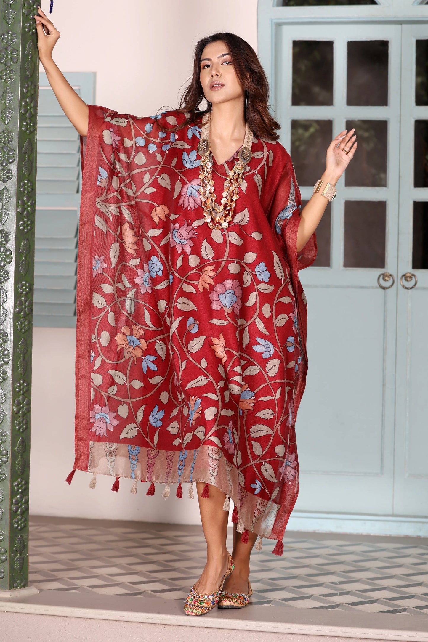 Maheshwari Kaftan Floral Maroon