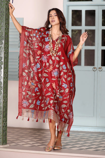 Maheshwari Kaftan Floral Maroon