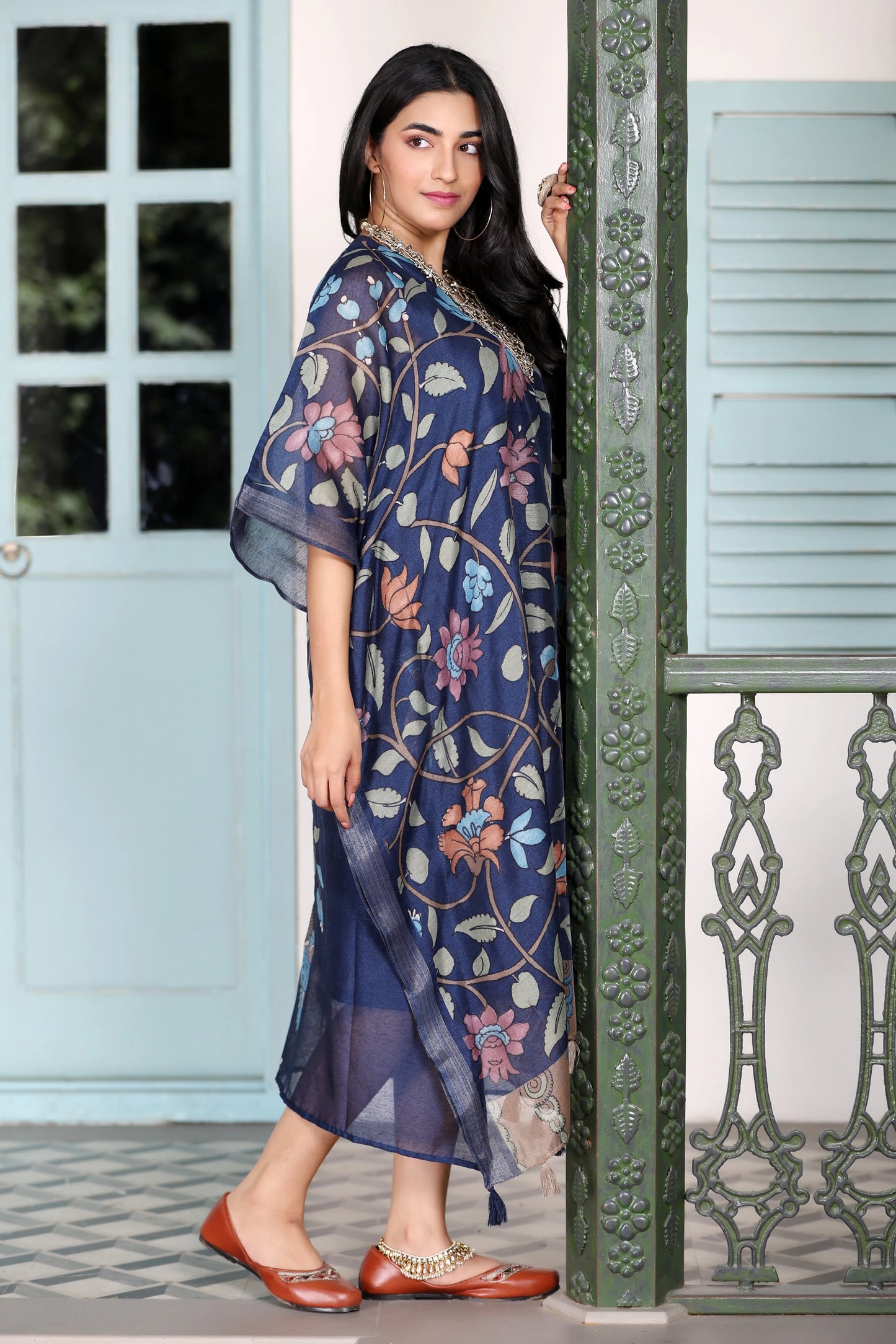 Maheshwari Kaftan Floral Navy