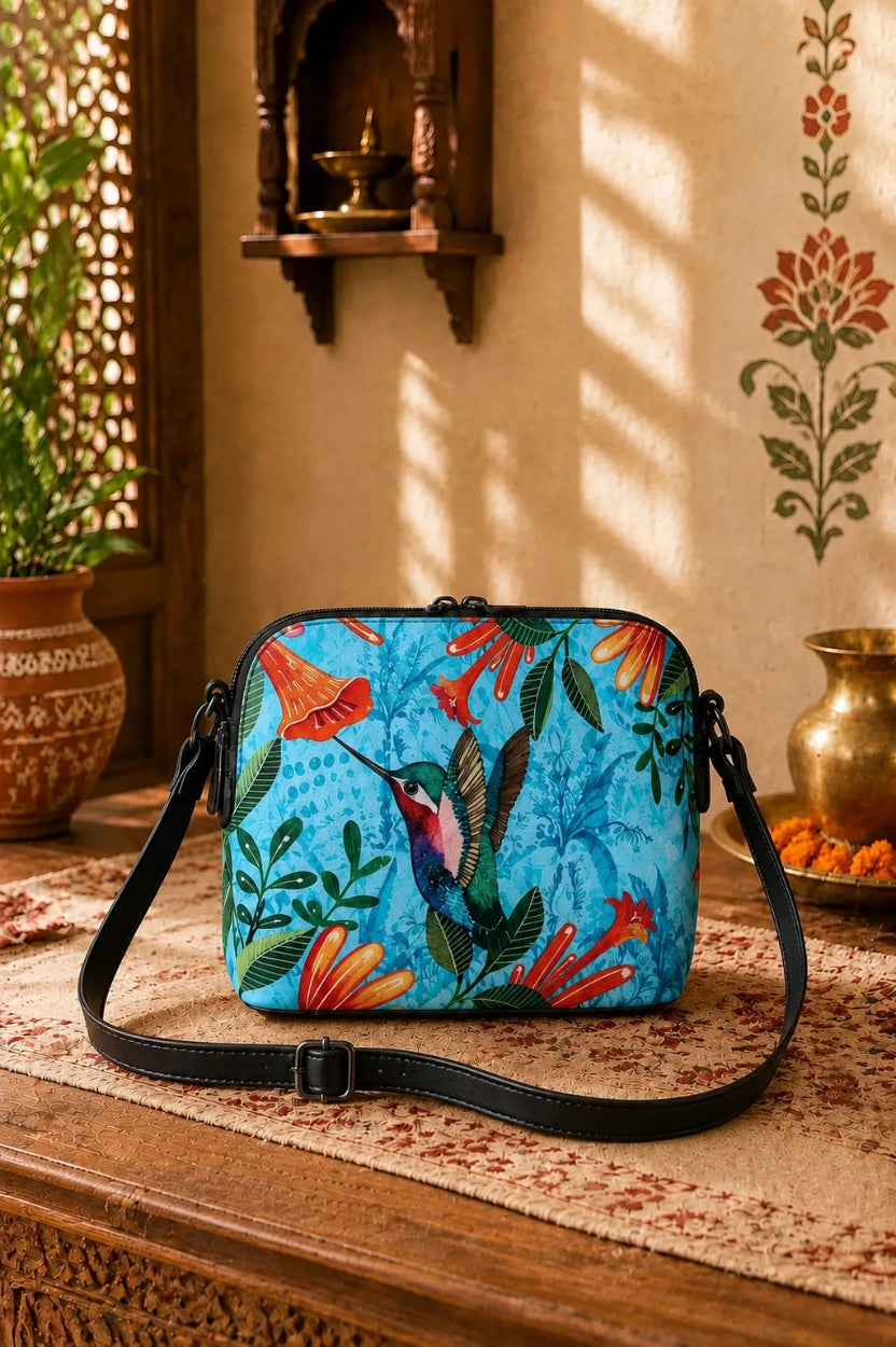 Canvas Sling Palm Bird Light Aqua